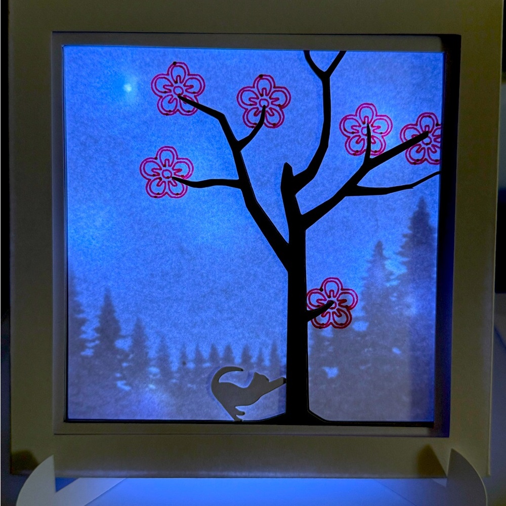 5x5” 3D shadow box art forest cherry blossom tree kitty cat cute cool Sakura 🌸🌸🌸